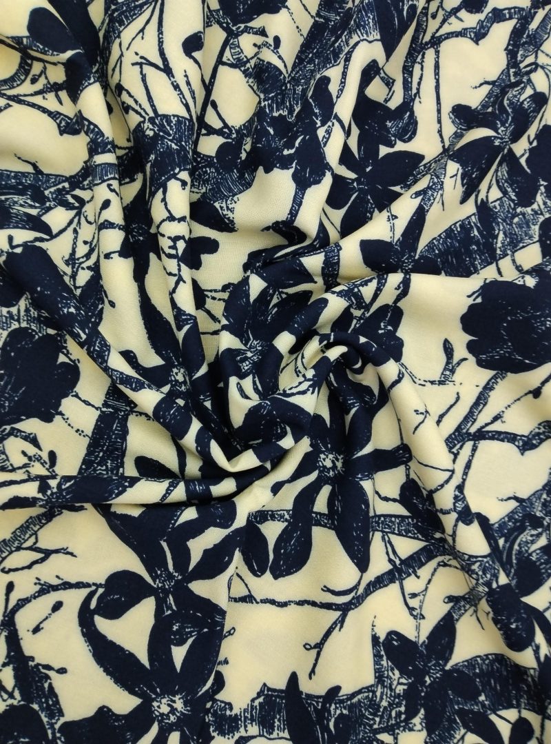 Navy Floral Cotton Viscose Fabric by the Yard – Lightweight Drapey Material for Dressmaking, Blouses, Skirts, Kimonos |59x39 in (150x100 cm)