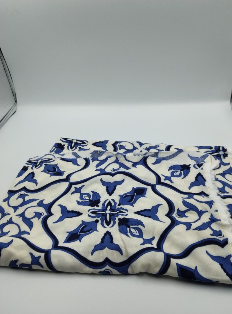Blue Tile Pattern Cotton Viscose Fabric by the Yard – Soft Lightweight Material for Dresses, Kimonos, Blouses | 59x39 in (150x100 cm)