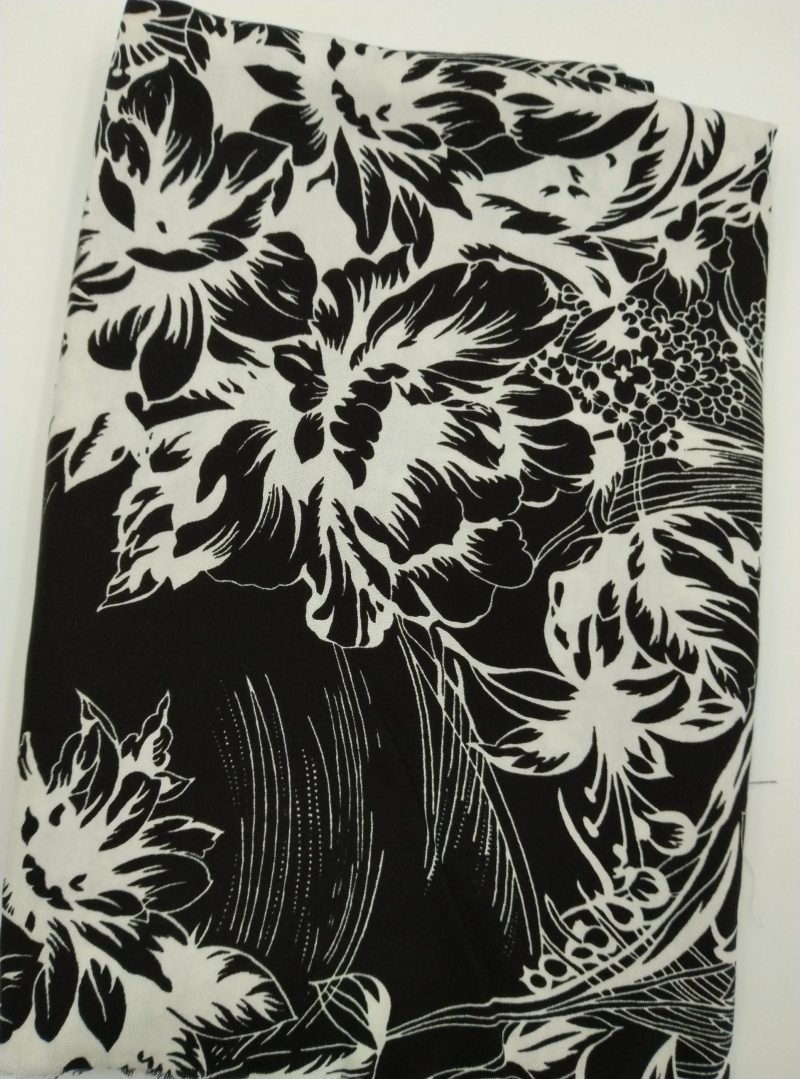 Black White Floral Cotton Viscose Fabric by the Yard – Lightweight Soft Drapey Material for Dresses, Blouses, Skirts | 59x39 in (150x100 cm)