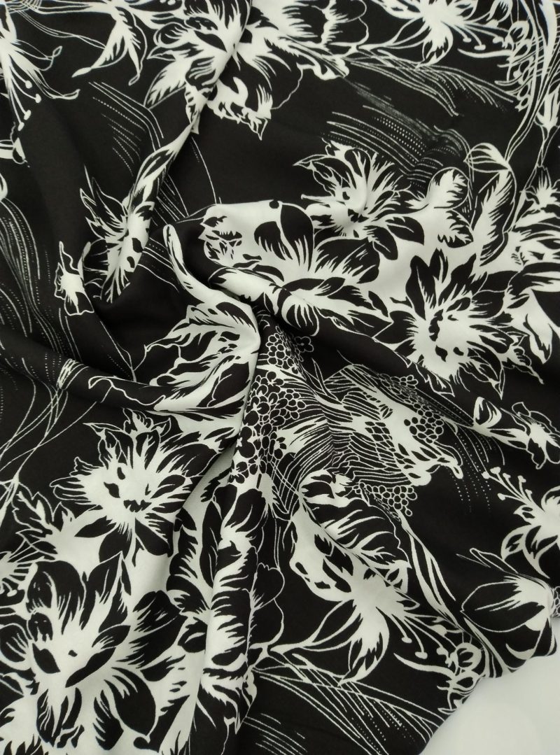 Black White Floral Cotton Viscose Fabric by the Yard – Lightweight Soft Drapey Material for Dresses, Blouses, Skirts | 59x39 in (150x100 cm)