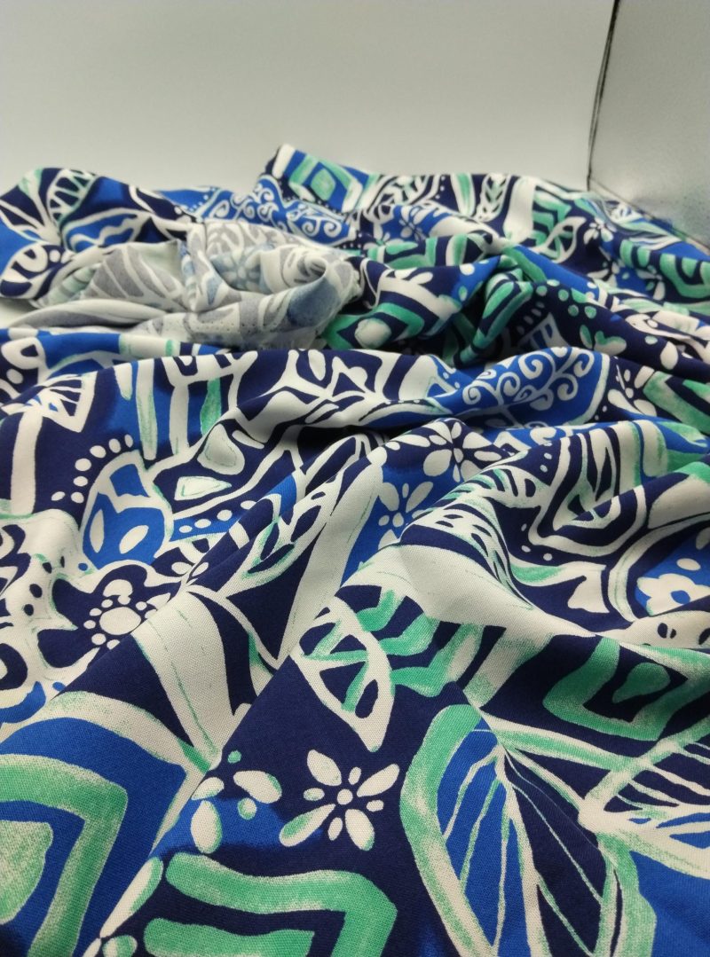 Blue White Patterned Viscose Belmando Fabric by the Yard – Drapey, Soft Silk-Feel Material for Dresses, Kimonos, Blouses | 150x100 cm