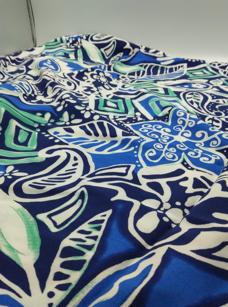 Blue White Patterned Viscose Belmando Fabric by the Yard – Drapey, Soft Silk-Feel Material for Dresses, Kimonos, Blouses | 150x100 cm