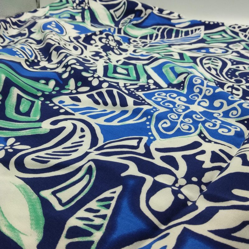 Blue White Patterned Viscose Belmando Fabric by the Yard – Drapey, Soft Silk-Feel Material for Dresses, Kimonos, Blouses | 150x100 cm